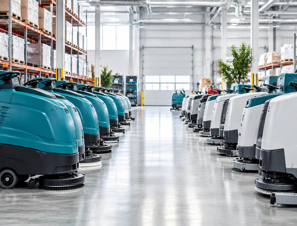 Rows of commercial floor scrubbers lined up on a polished warehouse floor