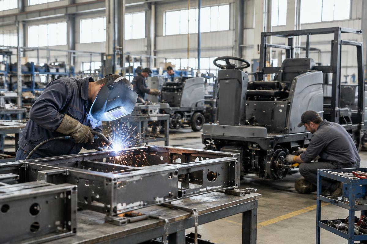 Assembly bays inside the Avyro Enterprises manufacturing facility with floor scrubber frames on work stands