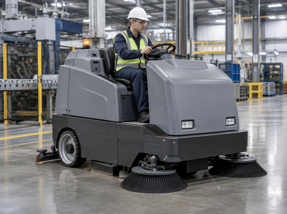 AV-260 ride-on industrial sweeper operating in a plant