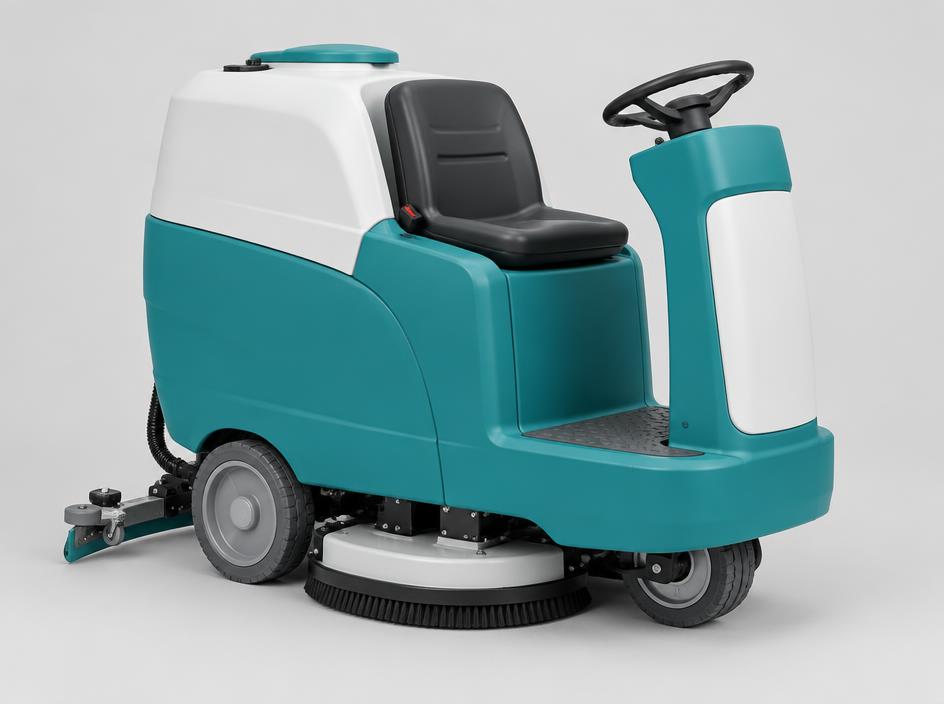 AV-420 ride-on floor scrubber in teal and white on a light background