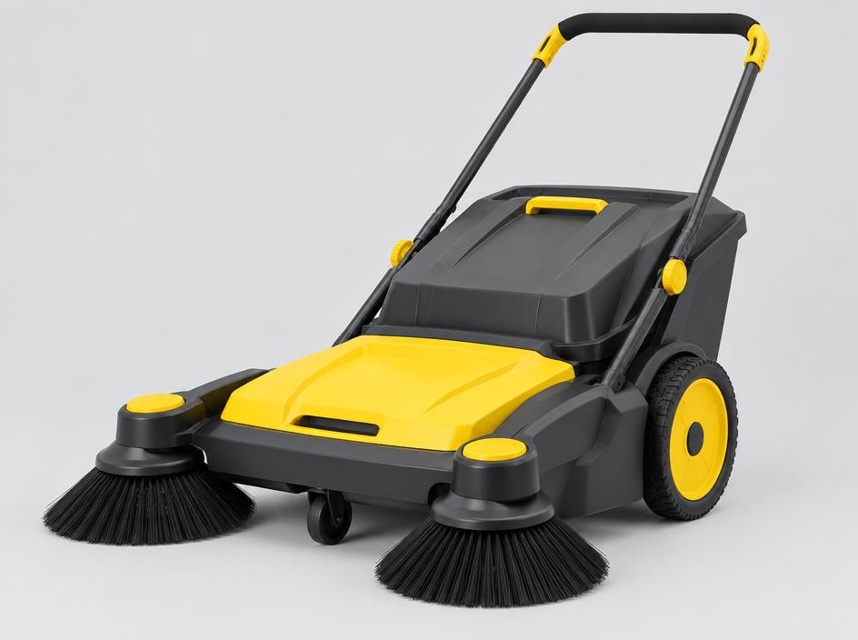 AV-120 walk-behind push sweeper with twin side brooms