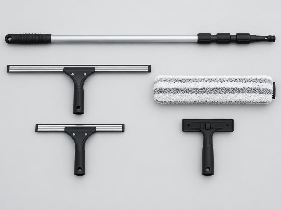 Professional window cleaning kit with squeegees, pole and washer sleeve